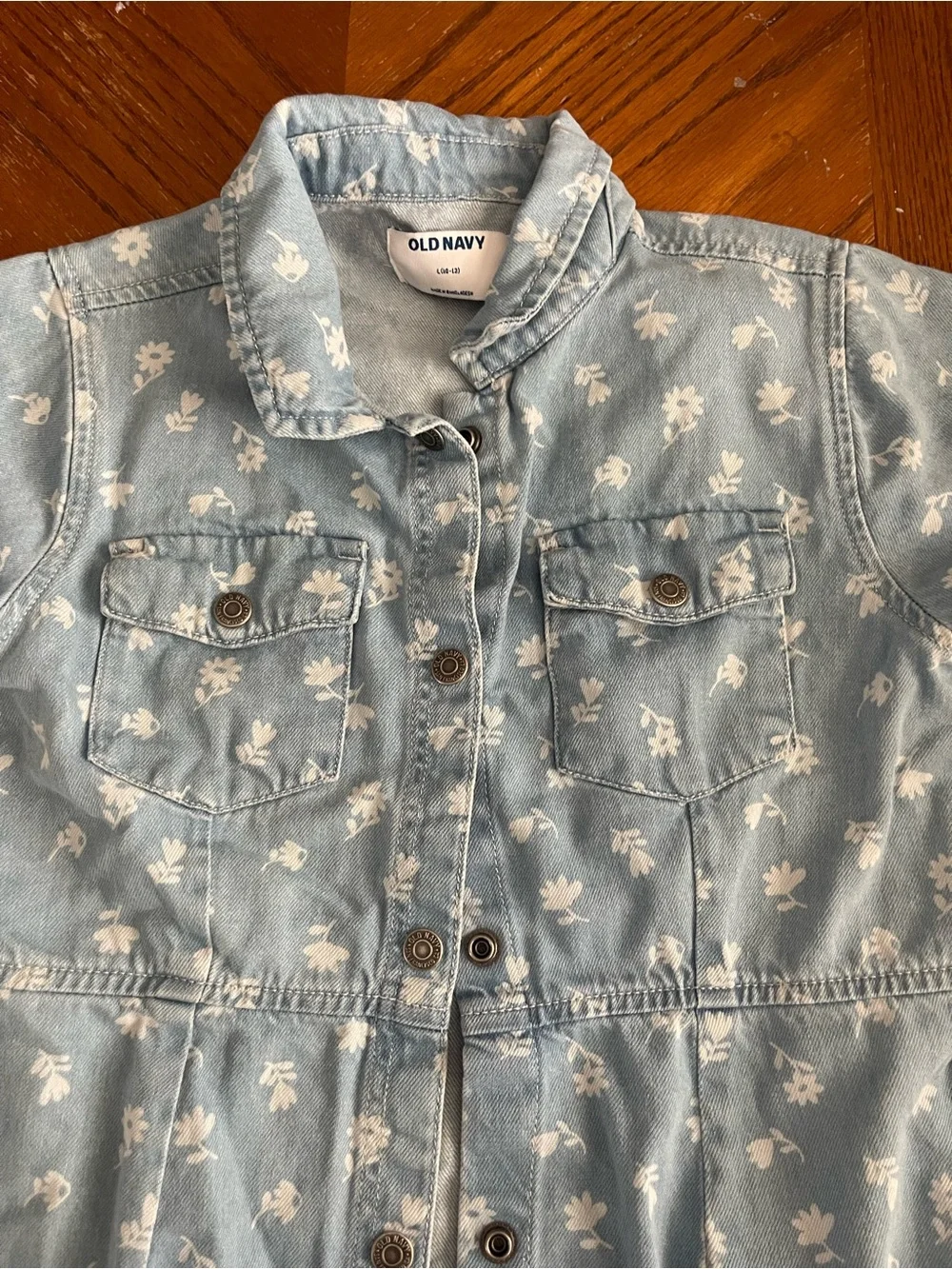 Old Navy Light Blue Denim Dress with White Floral Print